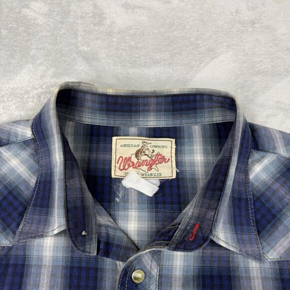 Vintage Wrangler Western Plaid Snap Button Shirt Blue Cowboy Workwear Men Size L - Picture 8 of 9